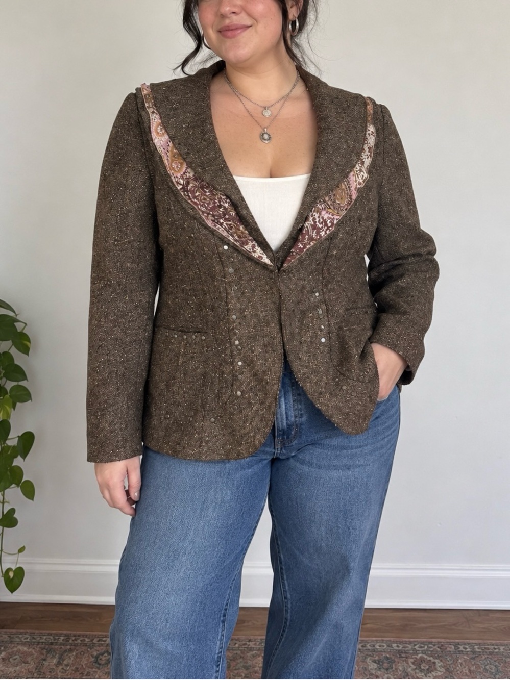 Vintage Y2K Coldwater Creek Brown Tweed Blazer Jacket with Paisley Trim Boho